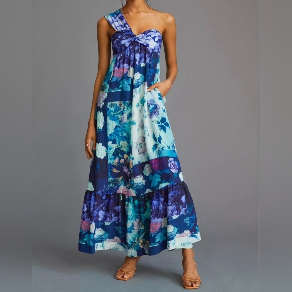 Maeve One-Shoulder Maxi Dress, Purple Color-Block Floral, Size XXS, EUC!